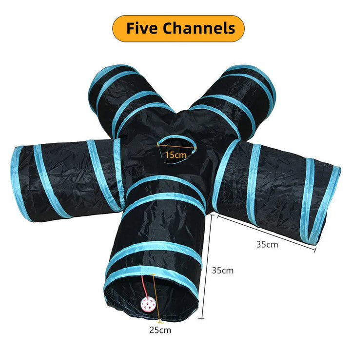 Black cat tunnel toy with blue interior and measurements on a white background
