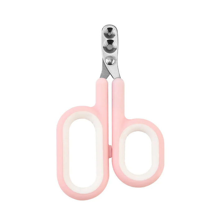 Pink nail clippers with white accents on a white background