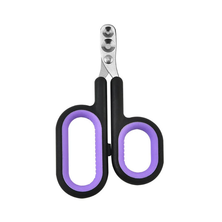 Pair of black-handled scissors with purple grips on a white background
