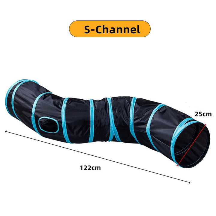 cat tunnel toy with blue straps and measurements on a white background