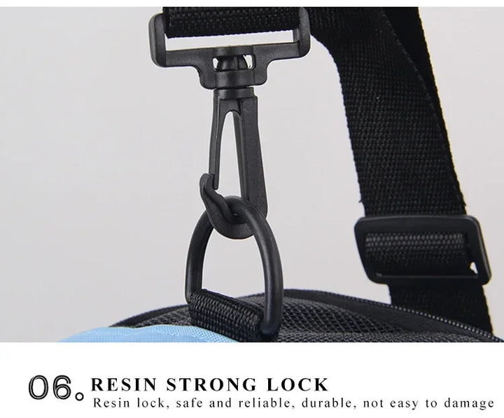 Close-up of a black resin strong lock on a dog and cat carrier traveling bag