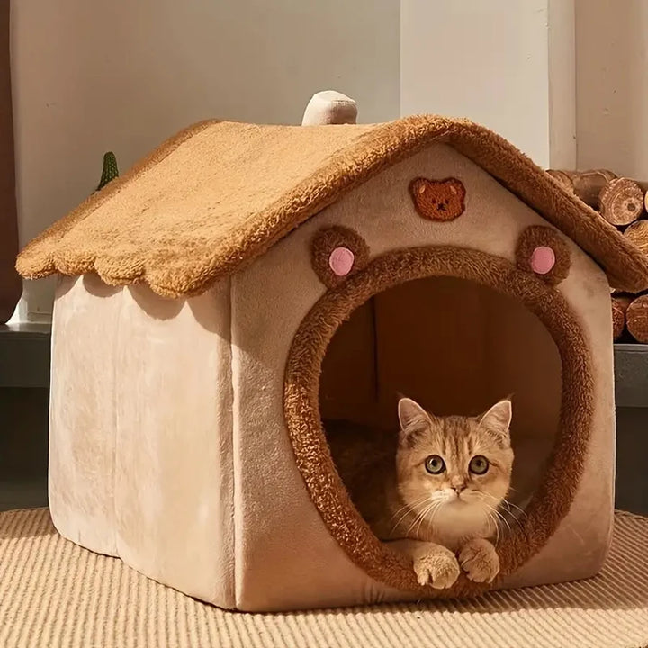Cat peeking out from a cozy beige Foldable Cat House