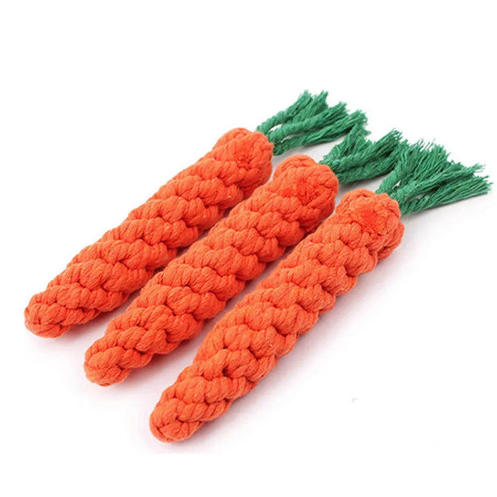 Three durable orange carrot-shaped dog rope toys 