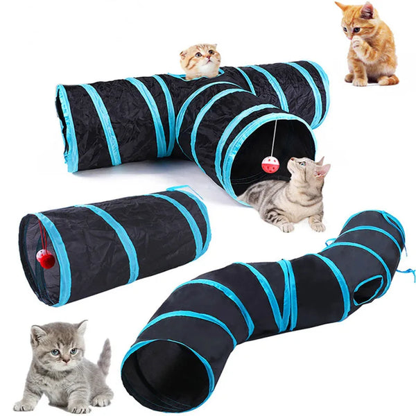 Black and blue cat tunnel toy with cats interacting on a white background
