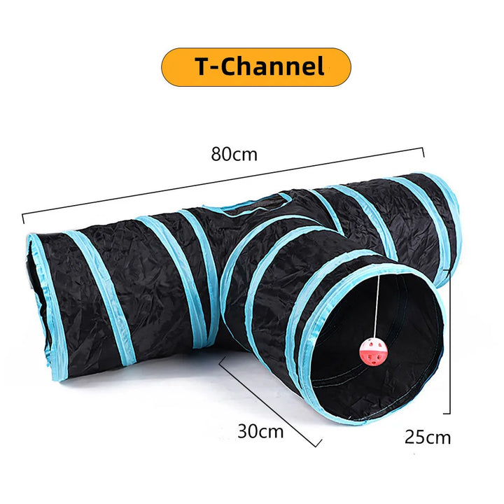 Pet play tunnel with T-channel design, black and blue color scheme, and measurements on a white background.