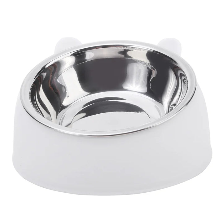 White cat bowl with a stainless steel interior front view
