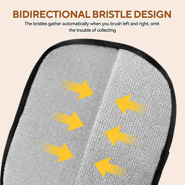 Gray pet grooming glove with bidirectional bristle design and yellow arrows indicating directionality