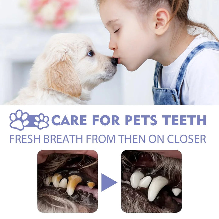 Child kissing a puppy because of pet tooth care and fresh breath.