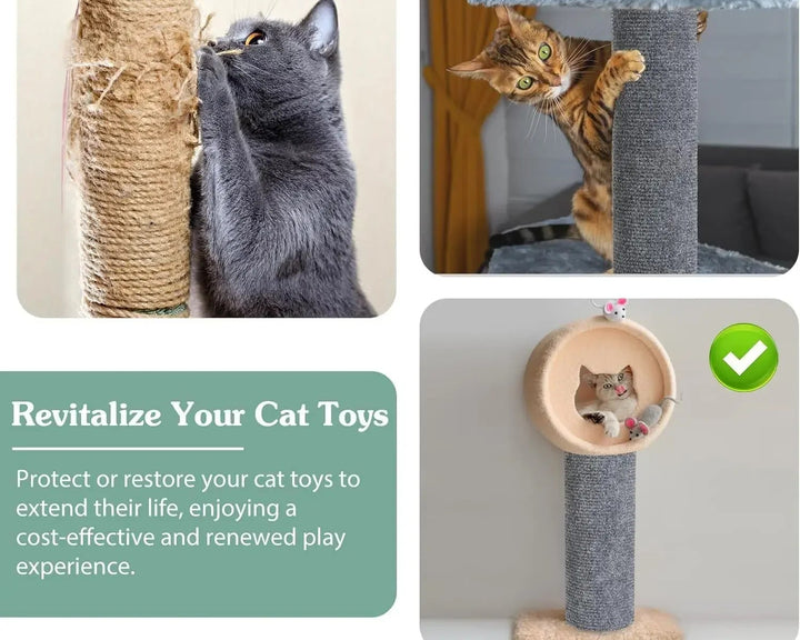 Collage of cats interacting with cat toys, with Cat scratching mat on it
