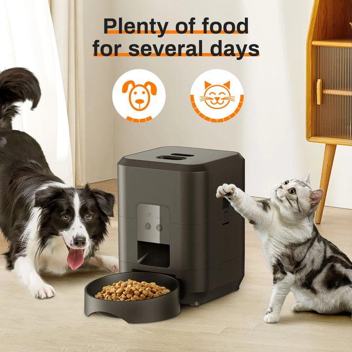 Pet feeder with a dog and cat interacting, text indicating ample food supply.
