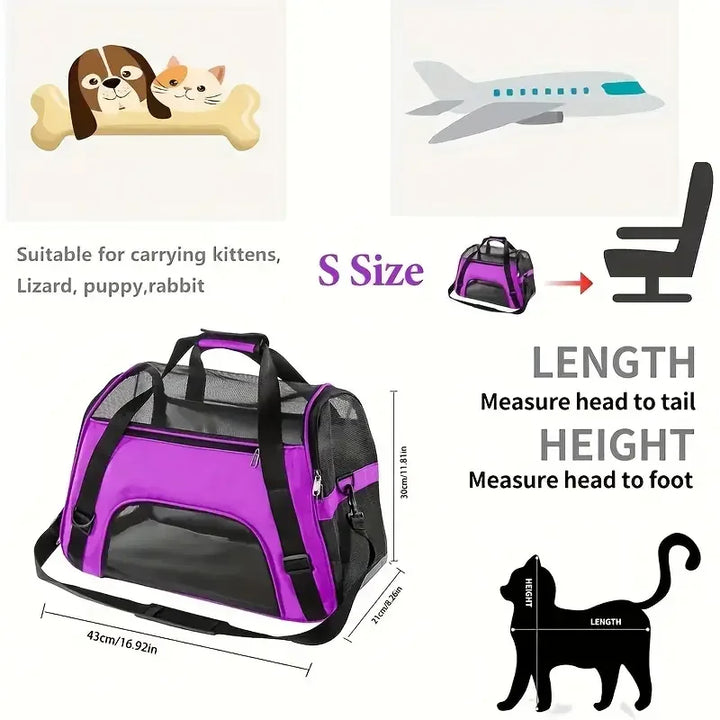 Pet carrier with dimensions and usage instructions