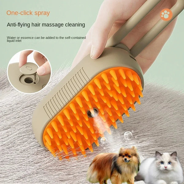 Steamy dog brush spraying mist with one-click feature for anti-flying hair grooming, deshedding brush.