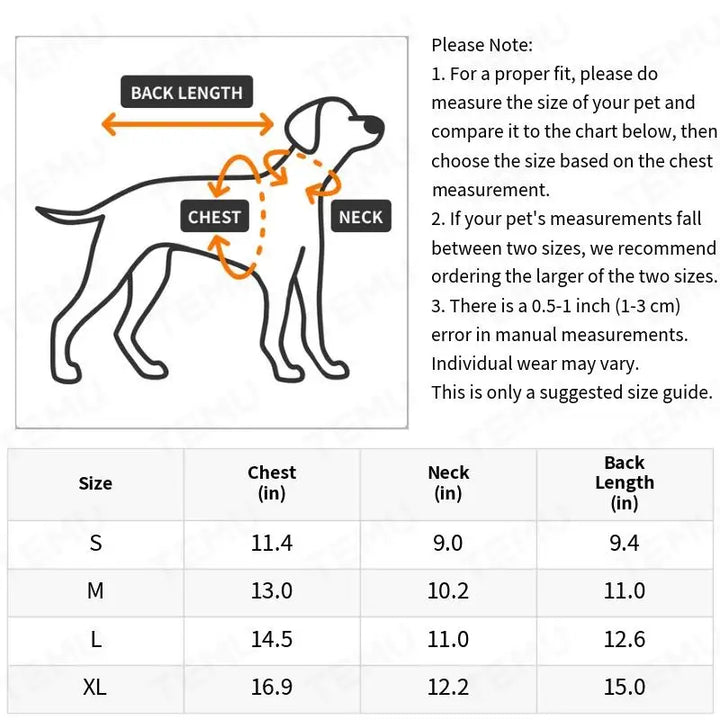 Size chart for dog floral dresses
