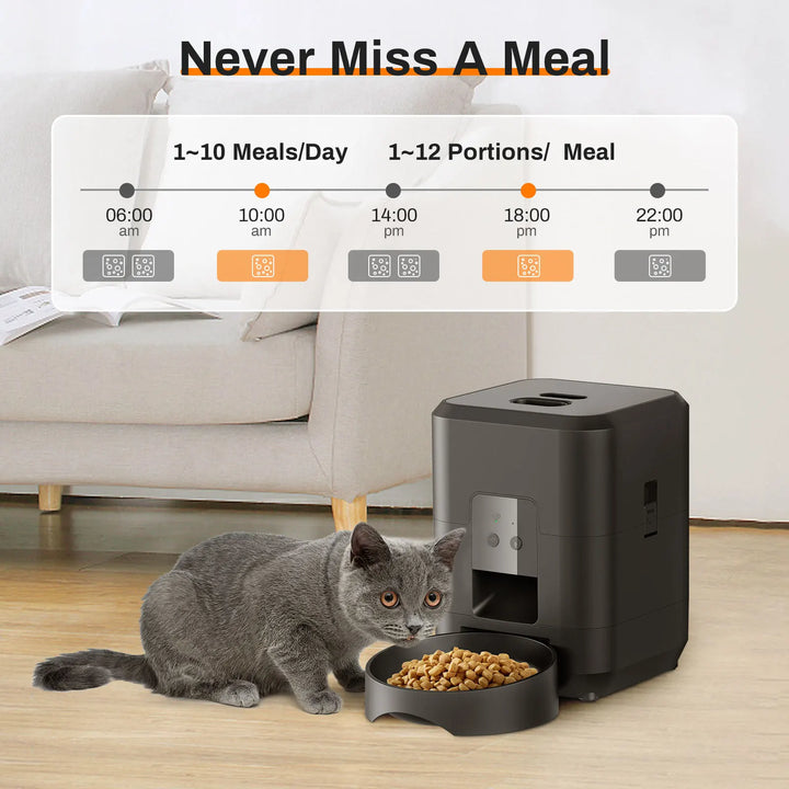 Cat eating from a black wifi pet feeder