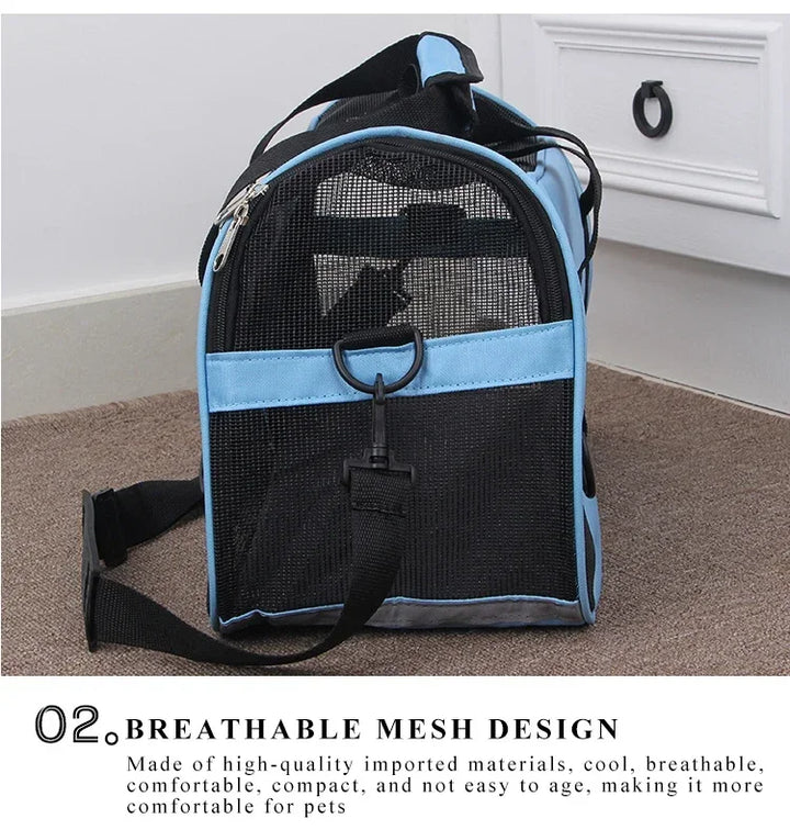 Pet carrier with breathable mesh design on a carpeted floor.