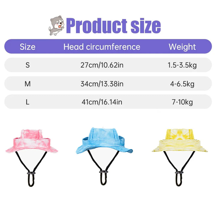 Size chart for pet hats with color options