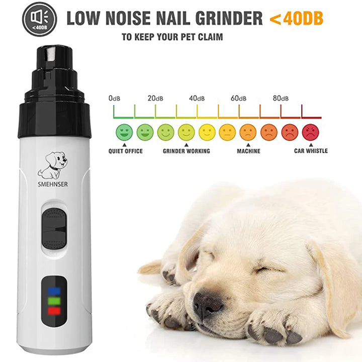 Pet nail grinder with noise level indicator and a sleeping dog on a white background