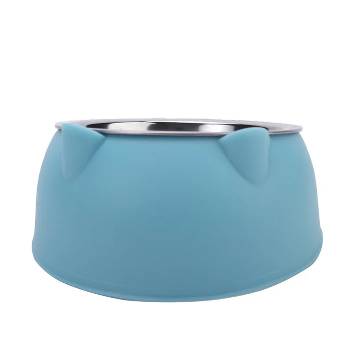 Blue cat bowl with a stainless steel interior back view