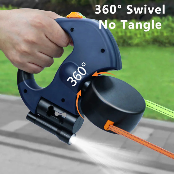 Hand holding Retractable Dual Dog Leash with '360° Swivel No Tangle' text, green grass background