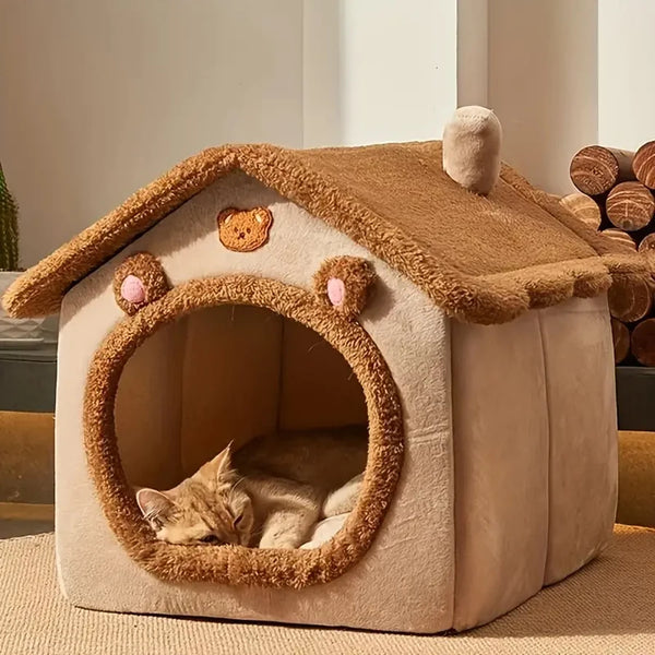 Cat lying inside a cozy beige Foldable Cat House