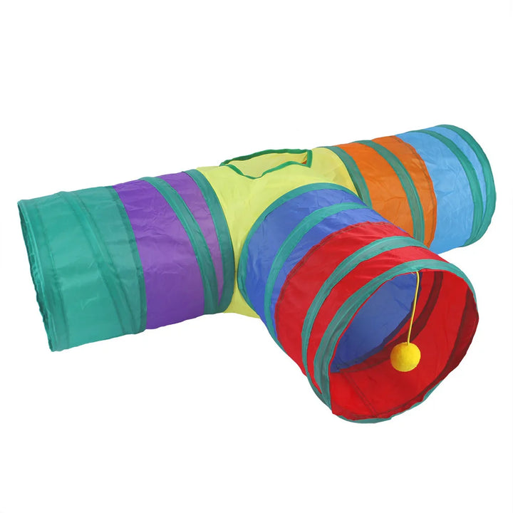 Colorful cat tunnel toy with a ball on a white background