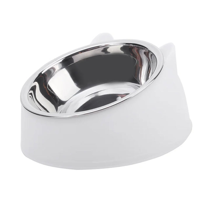 White cat bowl with a stainless steel interior 