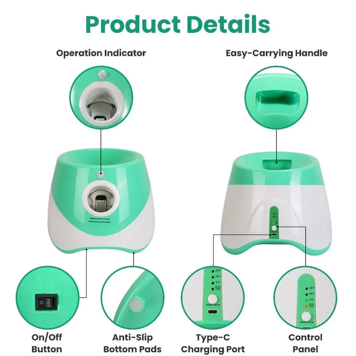 Automatic dog ball launcher product diagram showing features like operation indicator, carrying handle, and anti-slip bottom.