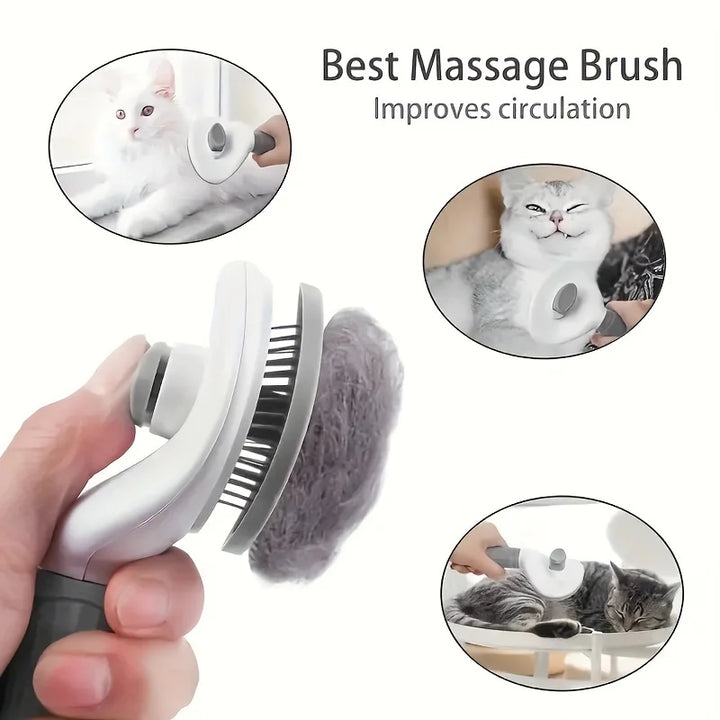 Cat hair brush gently removing loose fur from pet’s back