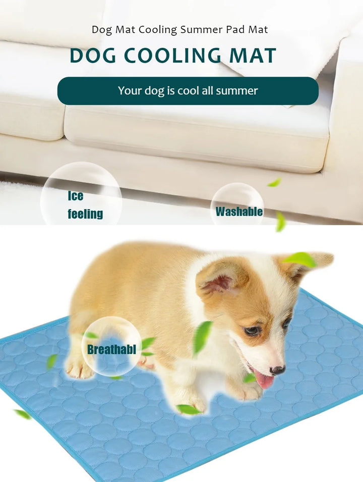 Dog cooling mat with a dog on it, feeling happy and the mat's material is washable