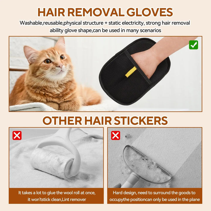 Hair removal gloves with a cat and examples of other hair removal products 