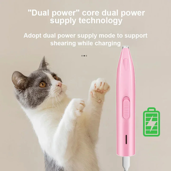 Pink grooming Led paw fur trimmer with a cat and text about dual power supply technology on a beige background