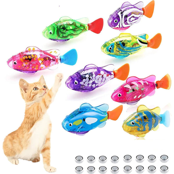 Colorful electronic cat water fish toys for cats with a cat reaching out to play.