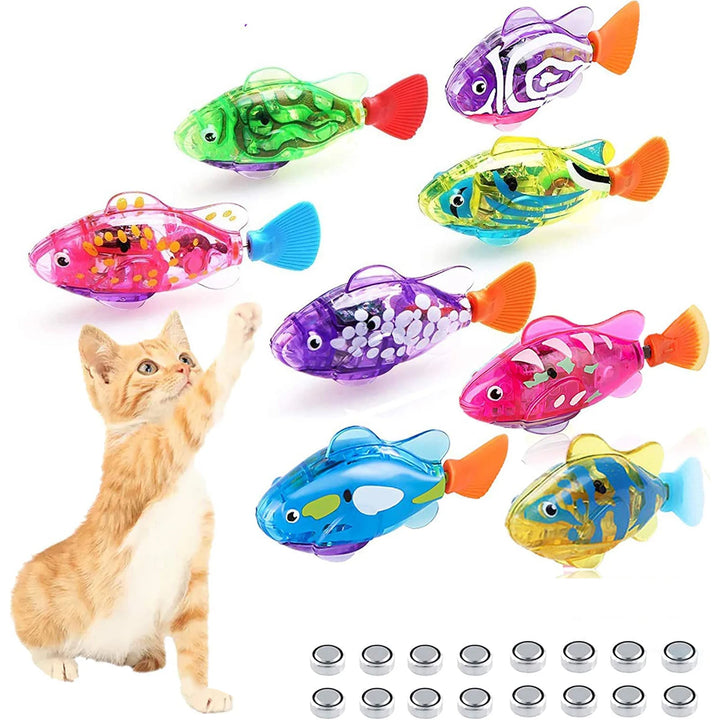Colorful electronic cat water fish toys for cats with a cat reaching out to play.