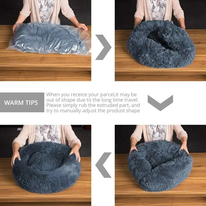 Step-by-step process of unfolding and shaping the Round Dog Bed