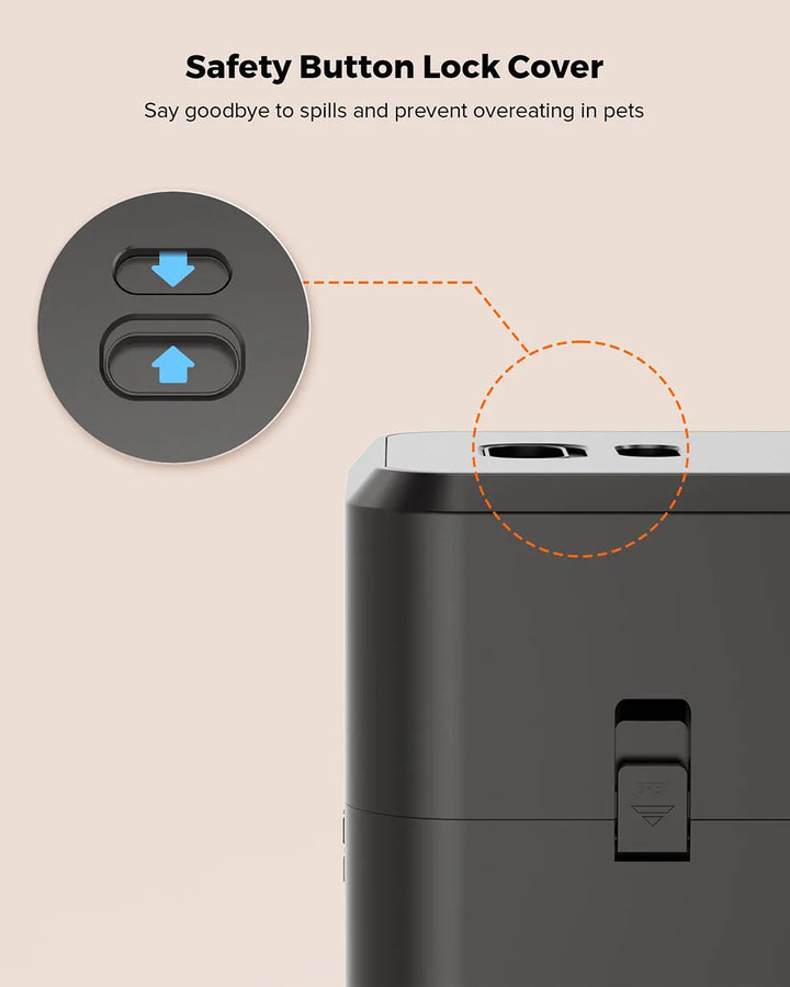 Safety button lock cover for pet products with labeled buttons.