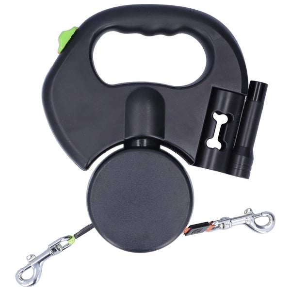 Black retractable double dog leash with handle and clip on a white background