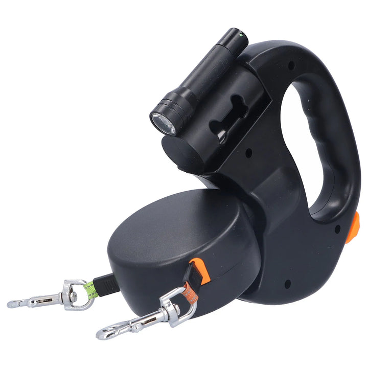 Black retractable double dog leash with flashlight on a white background
