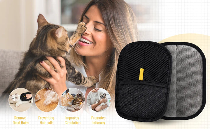 Woman holding a cat with a pet hair removal glove  