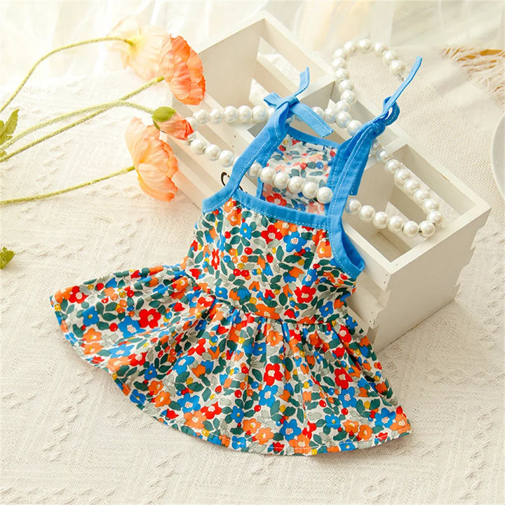 Colorful cat floral dress with blue straps 