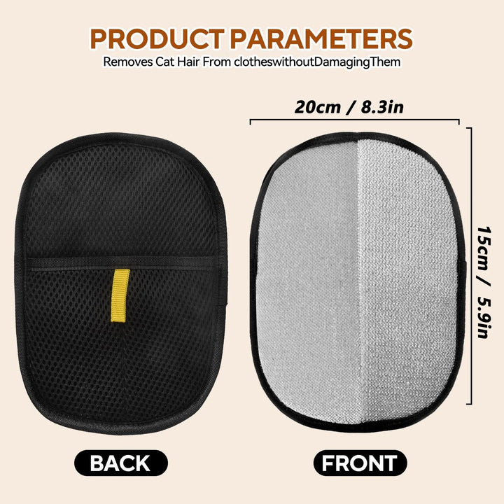 Product parameters of a pet hair removal glove with dimensions and features.