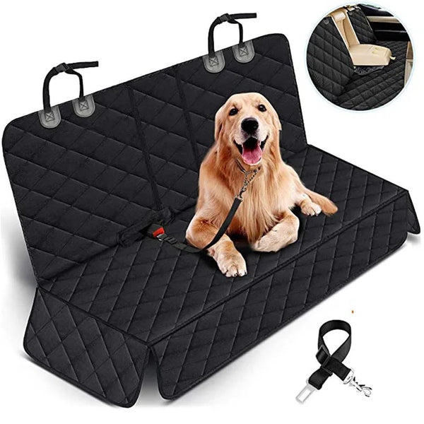 Dog sitting on a Dog Car Seat Cover with belt attachment