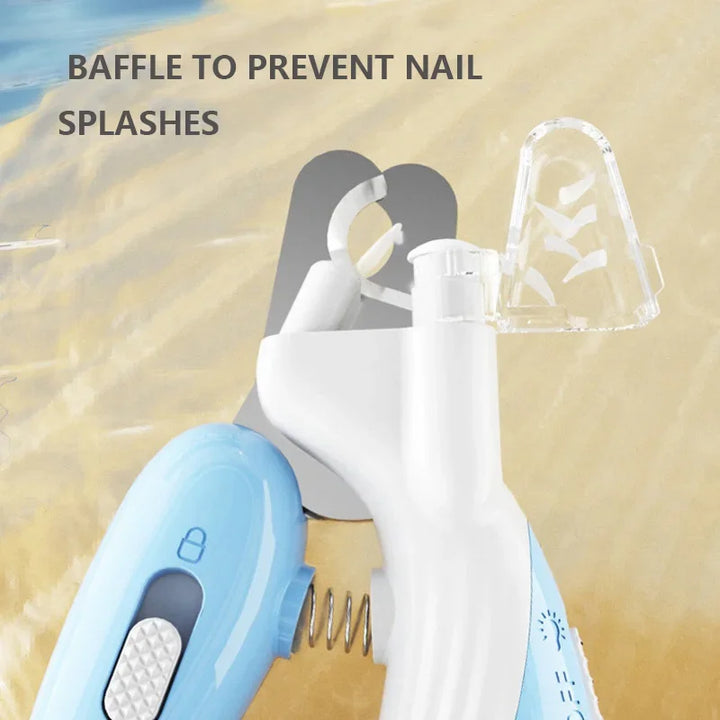 Pet nail trimmer with a baffle to prevent nail splashes on a beige background