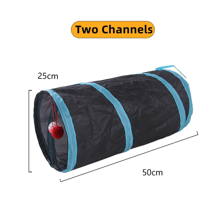 Black and blue cat tunnel toy with measurements and text on a white background