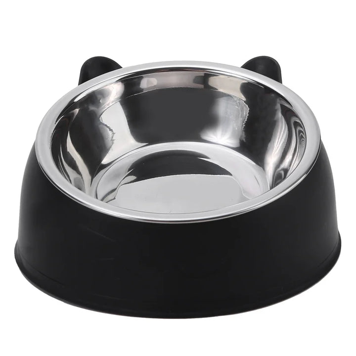 Black cat bowl with a stainless steel interior front view