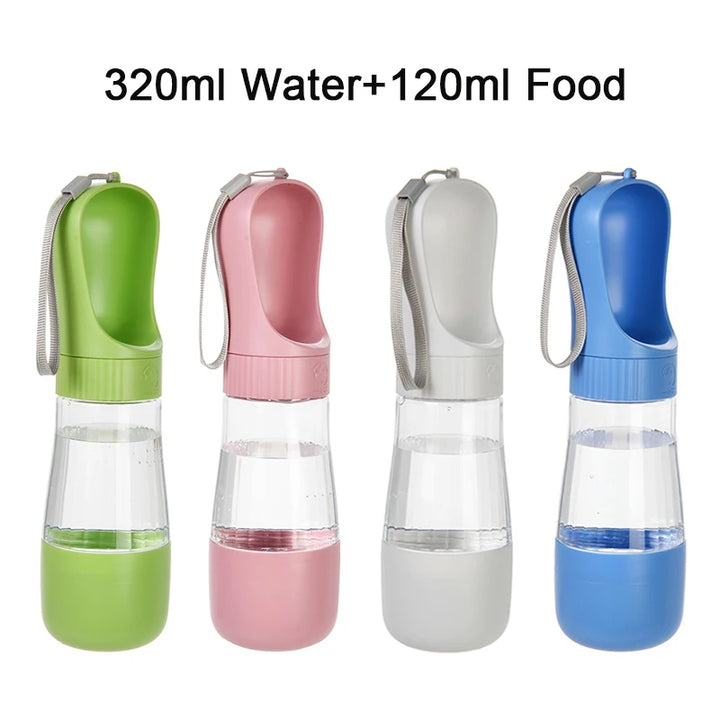 Four colorful dog water and food bottles with capacity measurements
