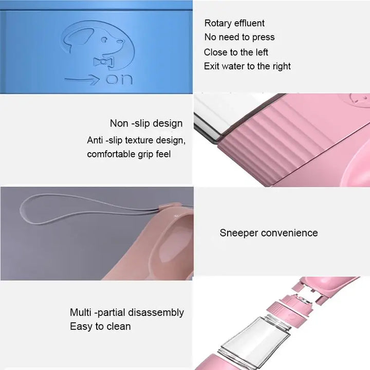  Portable Dog Water Bottle features including rotary effluent, non-slip design, sneeper convenience, and multi-partial disassembly