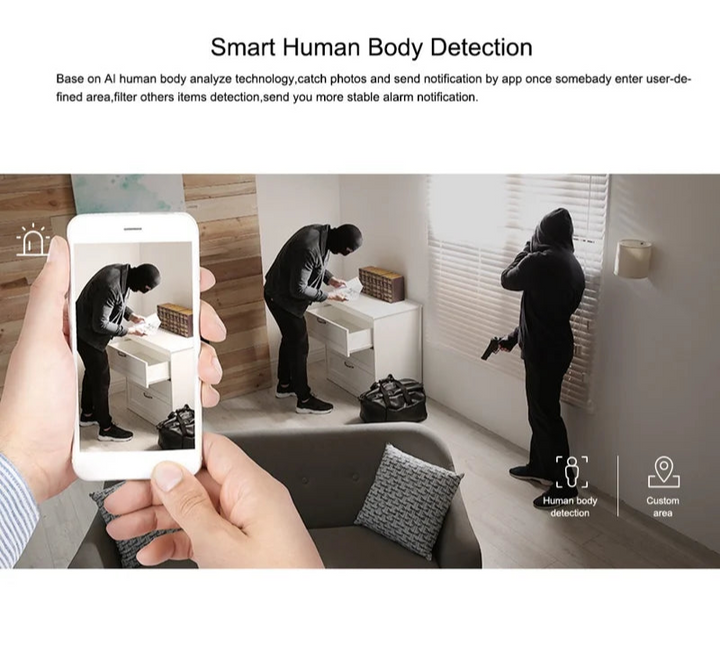Advertisement for Tuya Smart Life with smart human body detection technology, showing a smartphone displaying a person in a room.