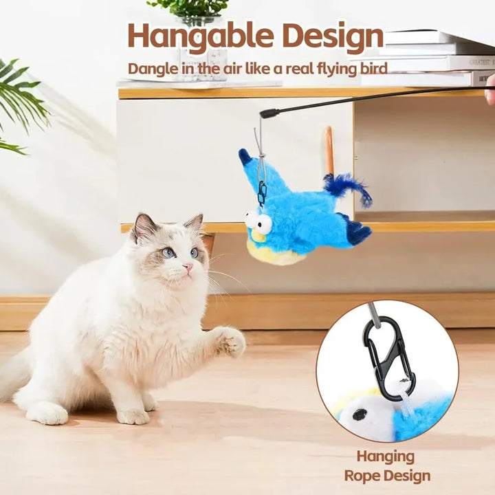 Cat playing with a blue hanging Flapping Bird Cat Toy