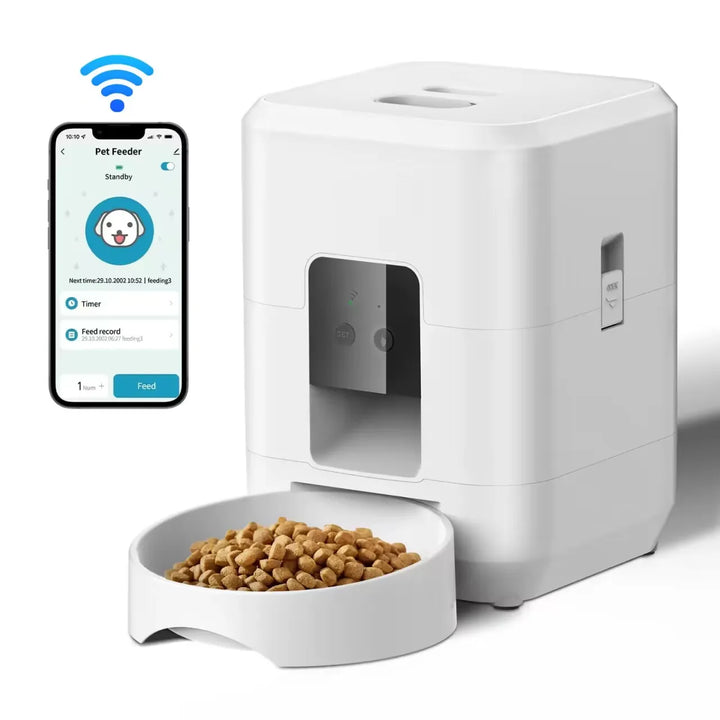White WiFi automatic cat feeder controlled by mobile app