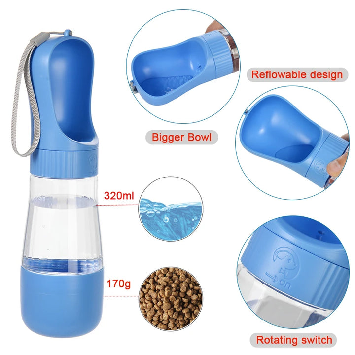 Blue pet water and food bottle with features 